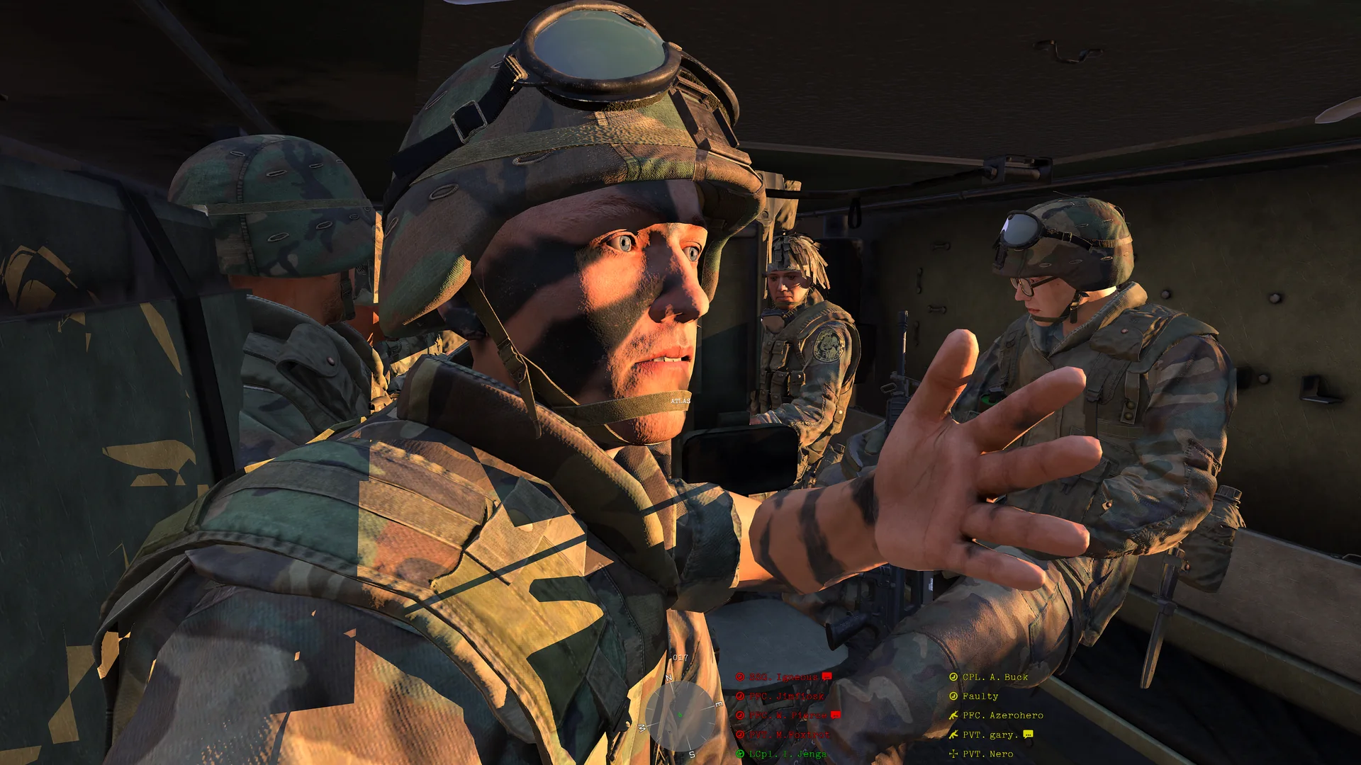 Soldiers inside a helicopter cabin