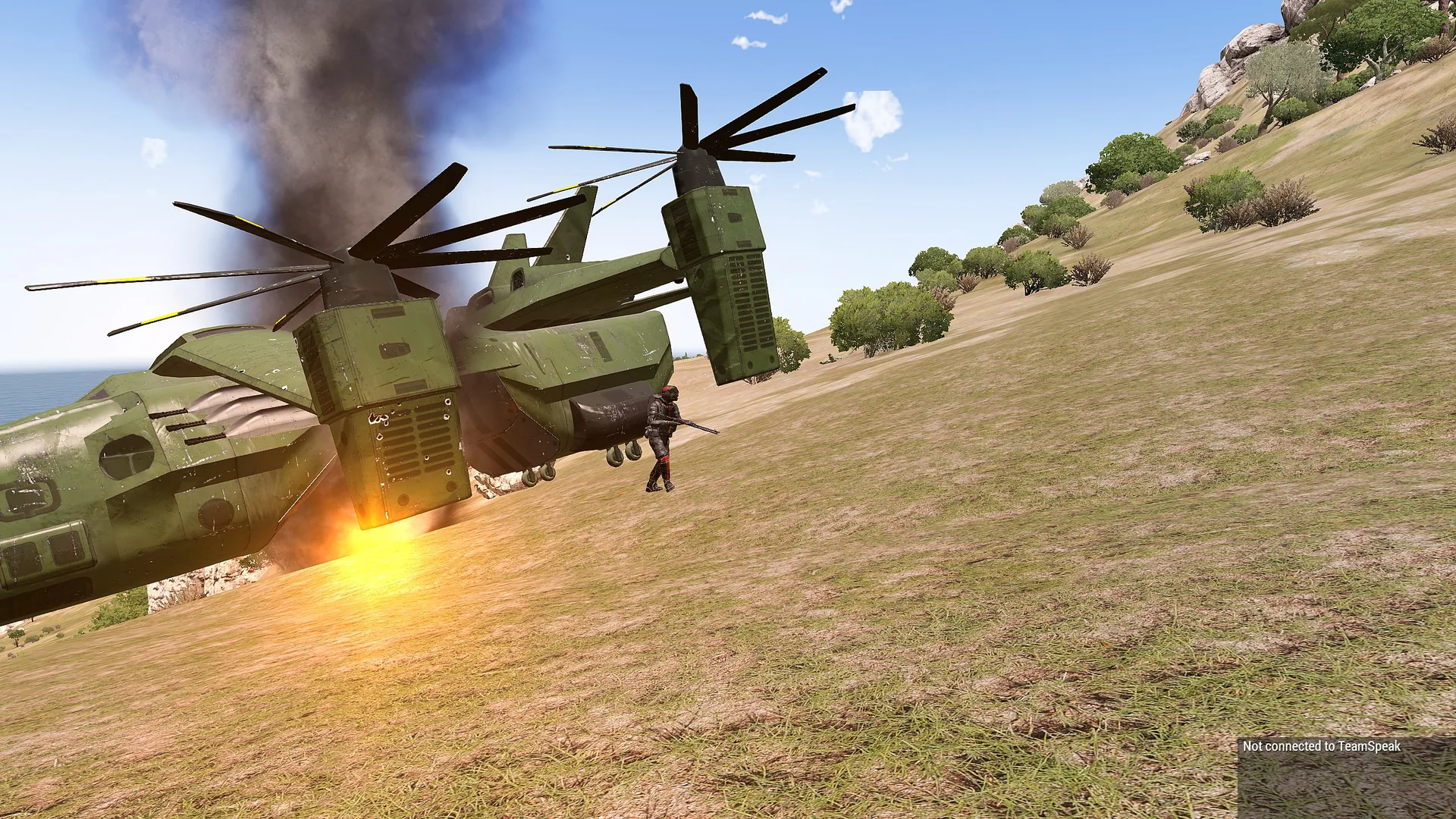 A helicopter above a hillside