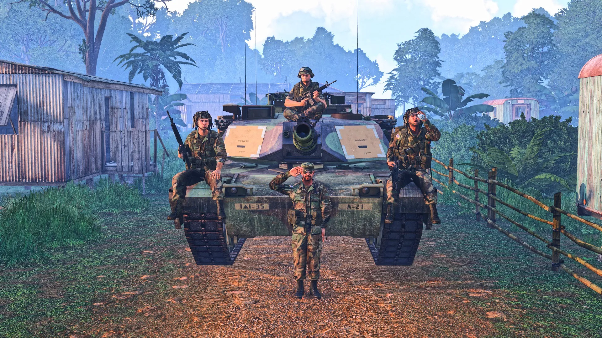 A squad gathered around an APC in the jungle