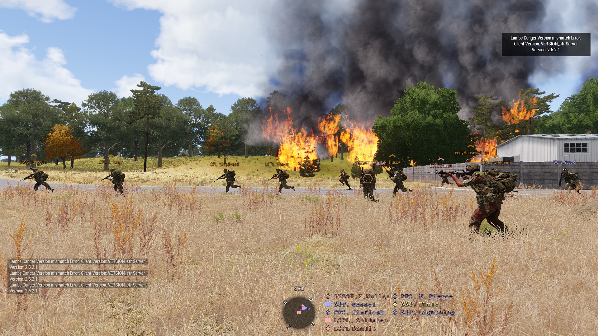 Players moving through a field near smoke
