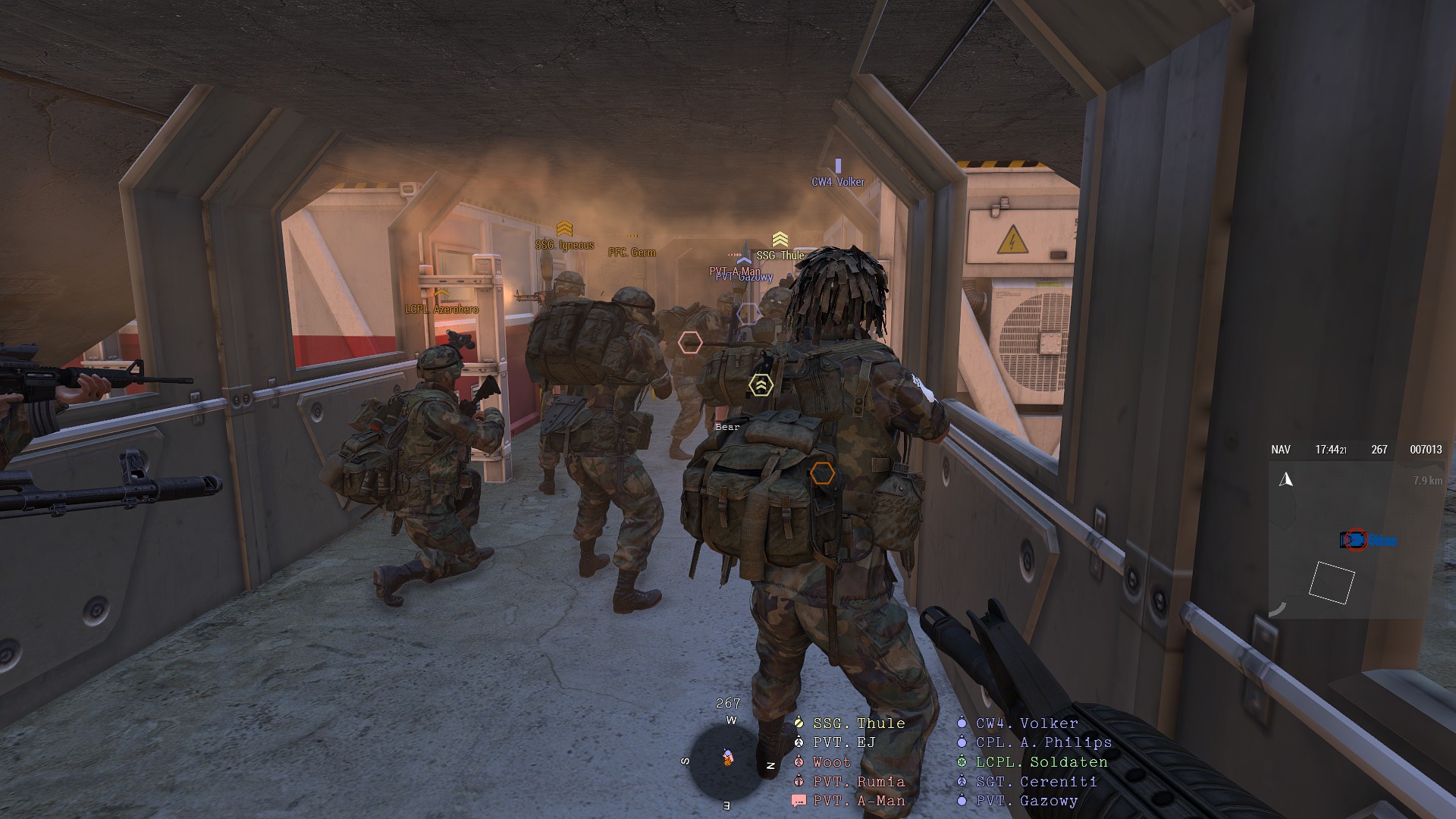 A squad gathered inside a military position